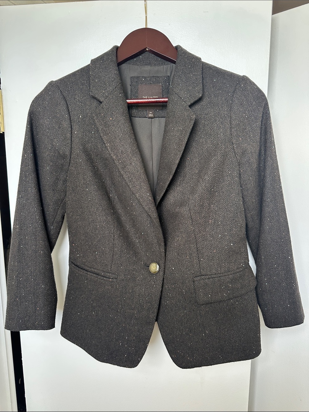The Limited Brown Herringbone Tweed Blazer with 3/4 sleeves